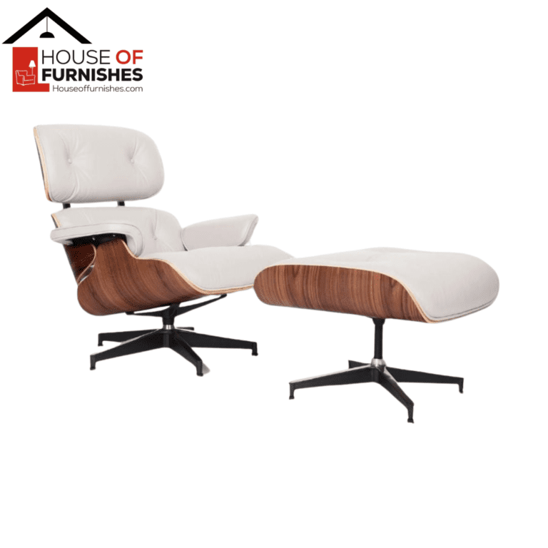 Charles Lounge Chair and Ottoman in White Leather with Normal Base Walnut