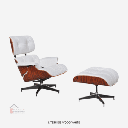 Front view of Charles Lounge Chair and Ottoman in White Leather with Rosewood accents