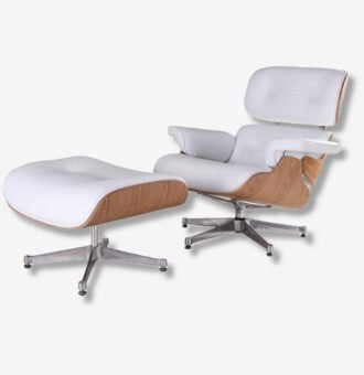 Charles Lounge Chair and Ottoman in White Leather with Chrome Base Ashwood