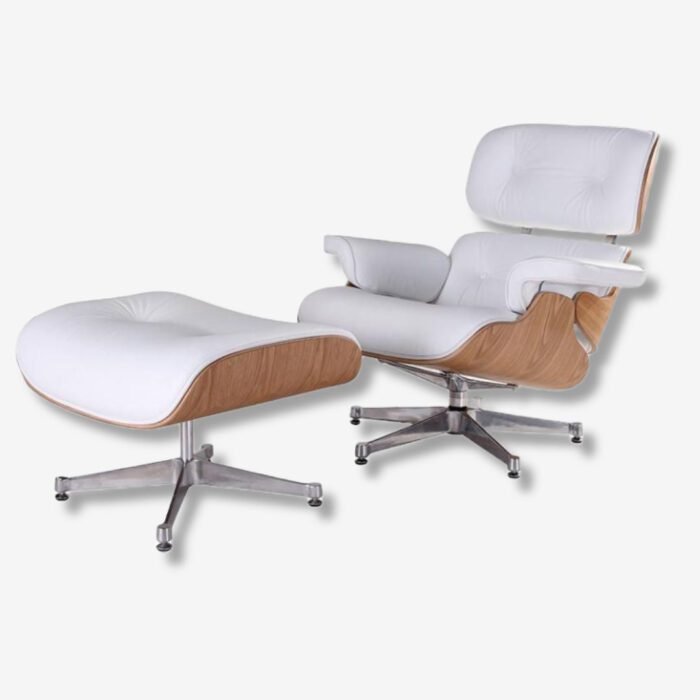 Charles Lounge Chair and Ottoman in White Leather with Chrome Base Ashwood