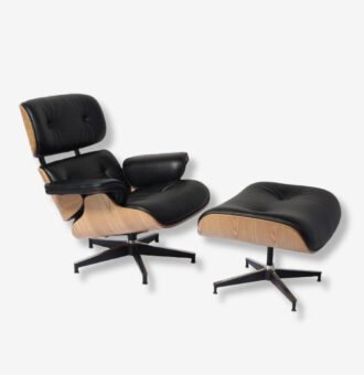 Charles Lounge Chair and Ottoman in Black Leather with Chrome Base Ashwood