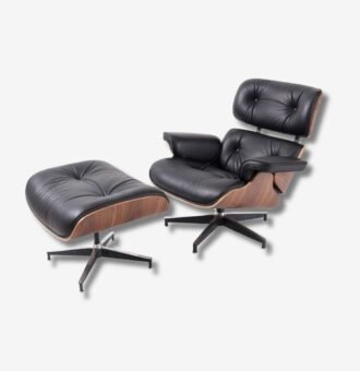 Charles Lounge Chair and Ottoman in Black Leather with Normal Base Walnut