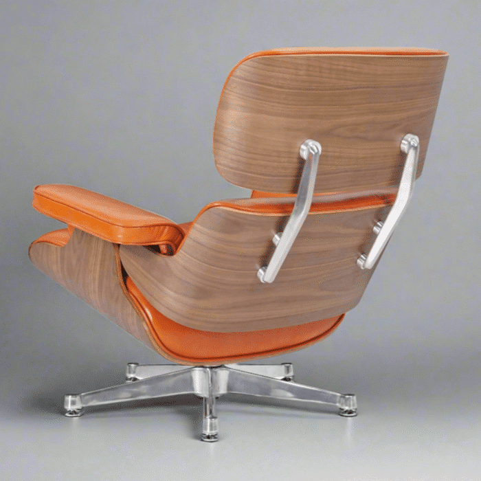 Back view of Eames Mid-Century Modern Lounge Chair in Walnut Wood and Camel Brown Leather