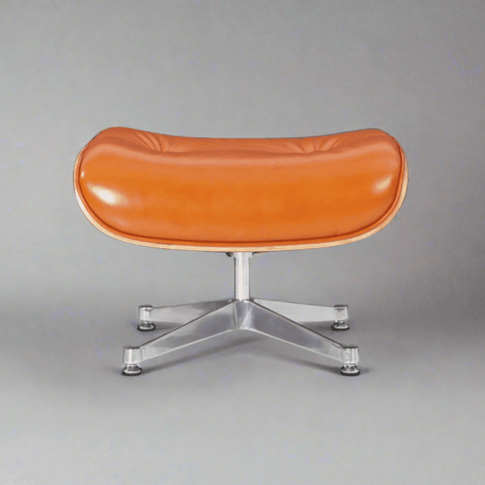 Front view of Eames Ottoman in Camel Brown Leather with Chrome Base – Mid-Century Modern Design