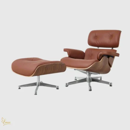 Full set of Charles and Ray Eames lounge chair and ottoman in tan brown leather from House of Furnishes by Eman.