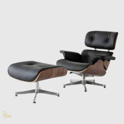 Front view of a black leather Eames lounge chair replica with a walnut finish and polished chrome base.