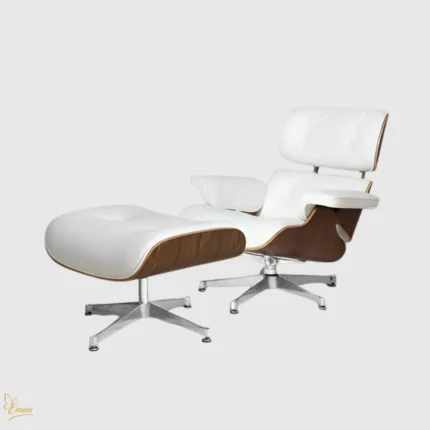 Premium Eames lounge chair replica UK with white leather and walnut wood set from House of Furnishes by Eman.