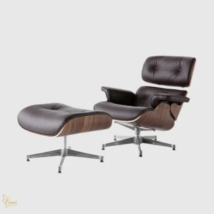 Full lounge chair and ottoman set by Charles and Ray Eames in brown leather and walnut wood.