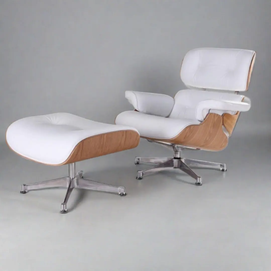 white-eames-chair-lounge-chair-ash-wood-chrome-finish Eames chair lounge chair featuring premium white leather, ash wood shell, and chrome base.