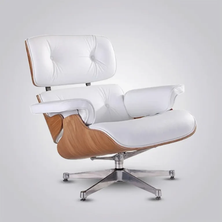 The back and profile of an ash wood eames chair lounge chair with a white leather interior and chrome hardware.