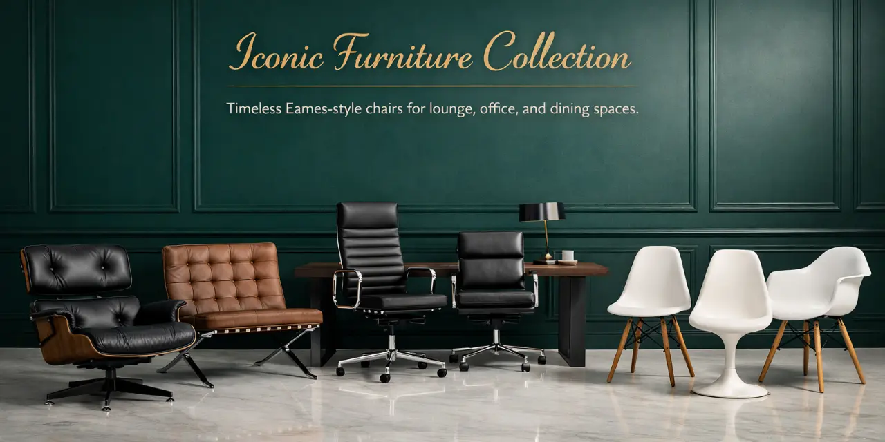 Collection of designer furniture replicas including Barcelona chairs and Eames style loungers for home and office.