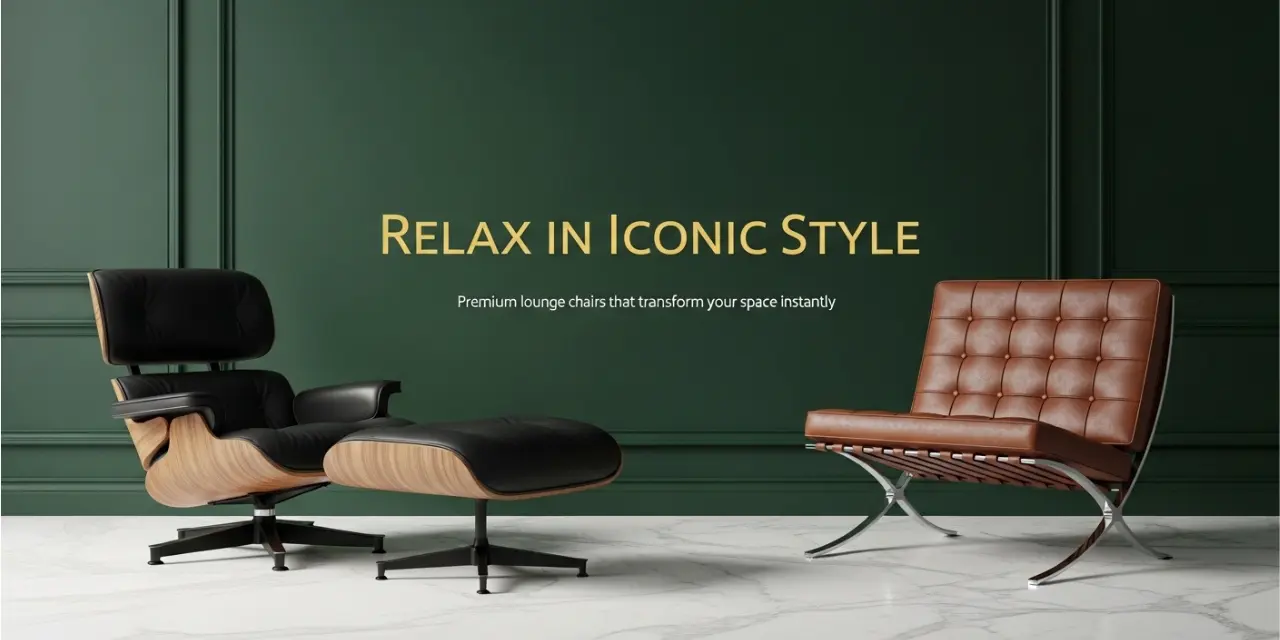 Mid-century modern interior featuring a premium Eames lounge chair replica and designer office seating.