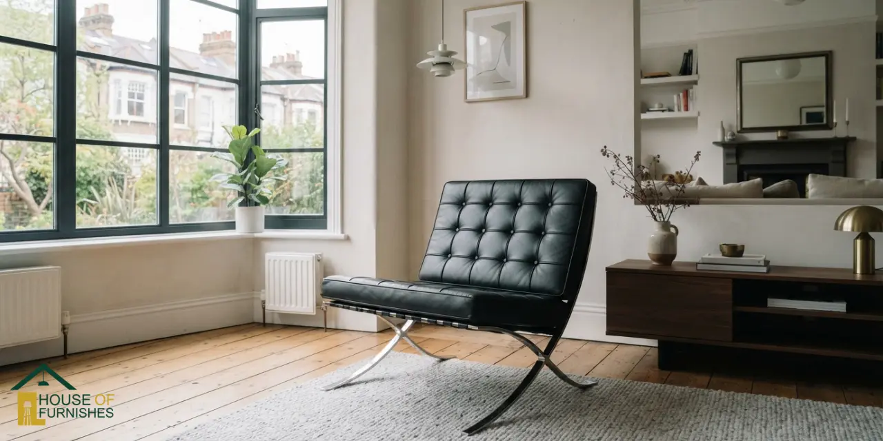 barcelona chair uk — black tufted leather barcelona chair with chrome frame in a modern uk lounge