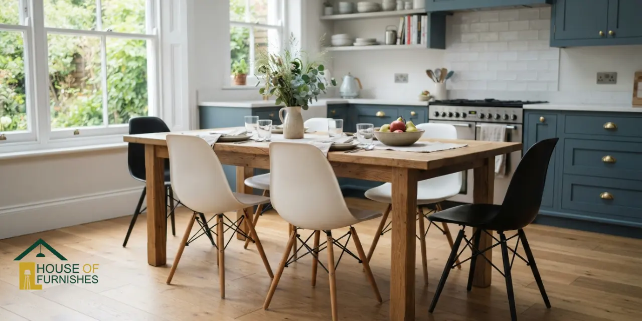 eames dining chairs uk — white and black dsw dining chairs around an oak table in a uk kitchen