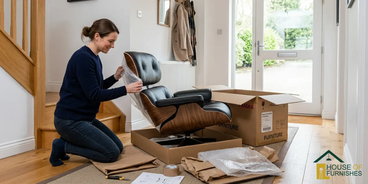 eames lounge chair delivery uk — boxed lounge chair being unpacked in a british hallway