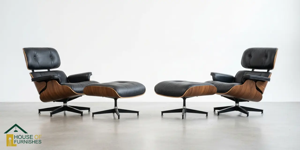 eames lounge chair original vs replica uk — two walnut and black leather lounge chairs side by side