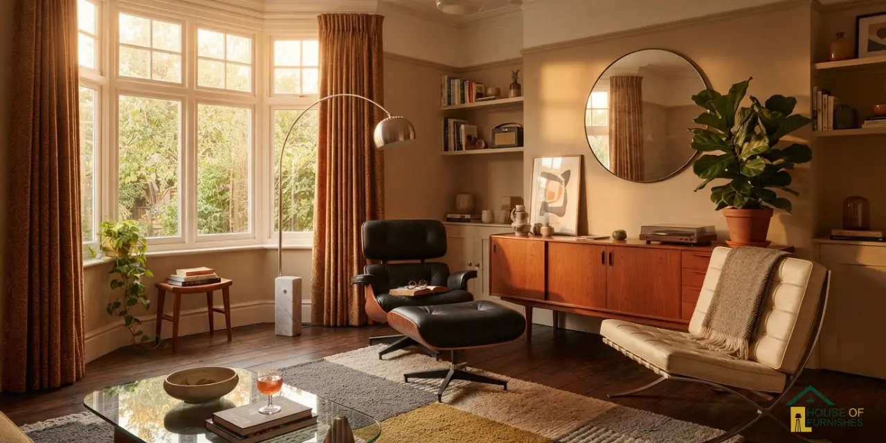 mid century furniture uk — walnut lounge chair and barcelona chair styled in a british living room