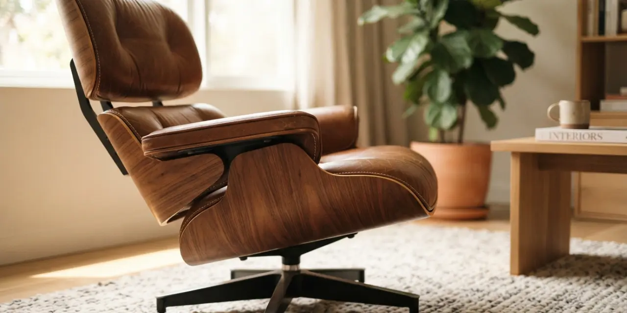Mid-century modern lounge chair featuring top-grain brown leather upholstery and polished walnut frame.